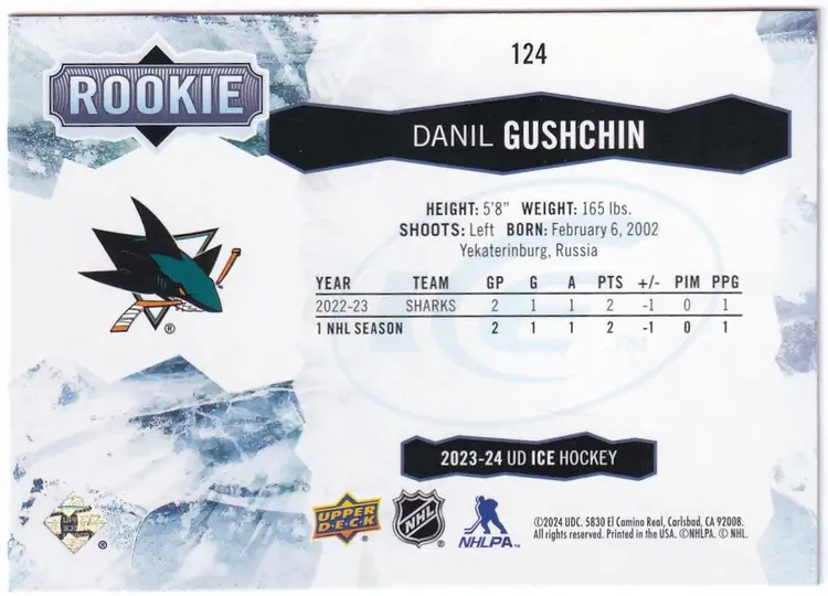 2023-24 Upper Deck Ice Green #124 Danil Gushchin San Jose Sharks Hockey Card