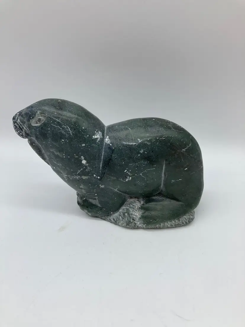 Blue/Green Serpentine Stone Seal Signed Inuit Carver Isa Aupalukta 1978, Stickers