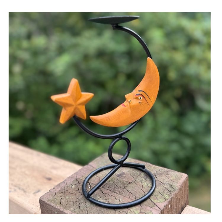 Folk Art  Crescent Moon And And Star Candle Holder
