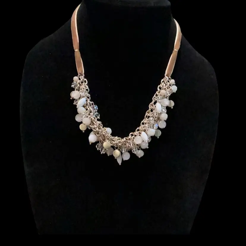 Vintage Goldtone Bib Cluster Statement Necklace . Cluster Of Faceted Clear Glass Beads And Glass Bead & Lucite  Beads . Velvet Like Brown Material As Chain