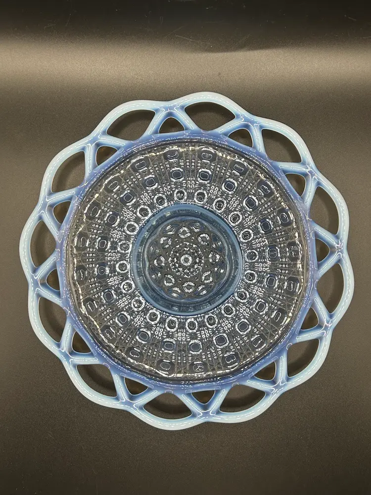 Vintage Blue Glass Plate With Opalescent Scalloped Rim