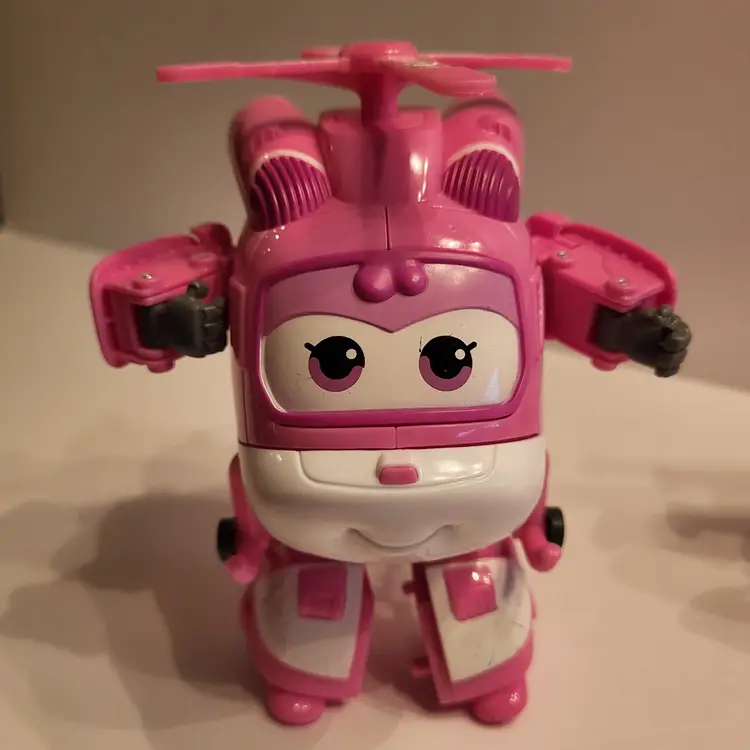 Super Wings - Transforming Dizzy and Jett Helicopter Plane Robot Red Pink 4"-5"