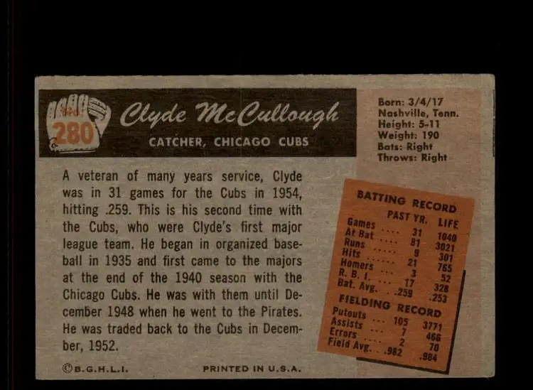 1955 Bowman #280 Clyde McCullough - (pk-tl3) - Chicago Cubs