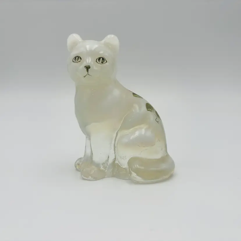 Vintage Fenton Cat Figurine Opalescent Hand Painted Strawberries Signed  D. Bunner