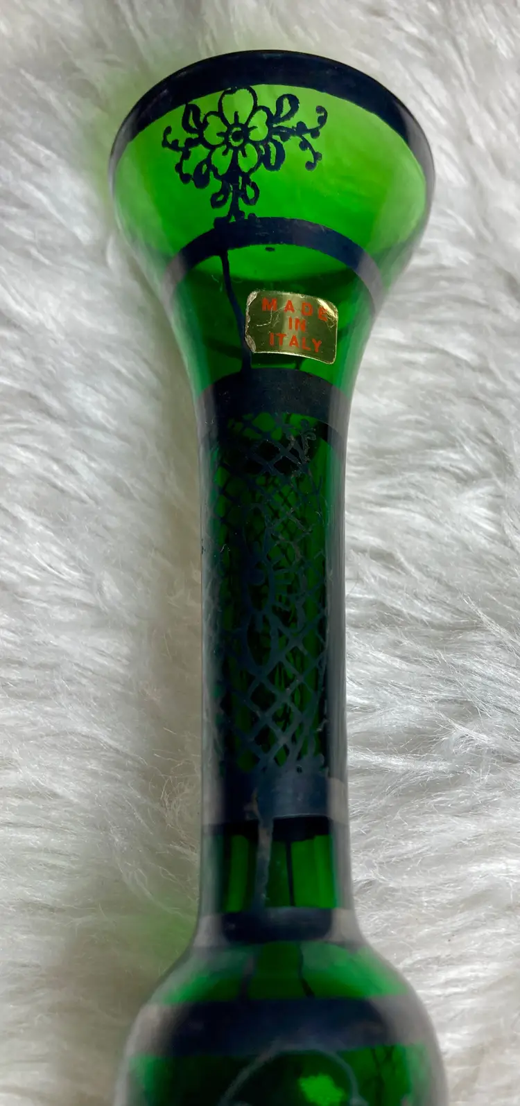 Vintage Emerald Green Italian Hand Blown With Silver Inlay Bud Vase
