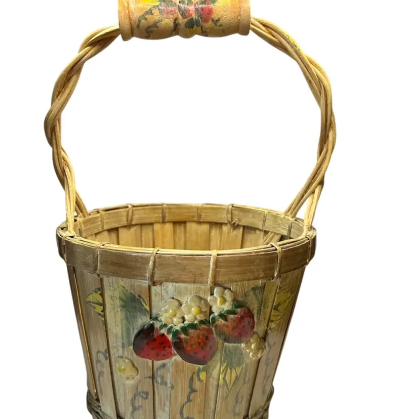 Vintage Wooden Basket Featuring Hand Painted Strawberry Design On Basket And Handle @13x8 1/2