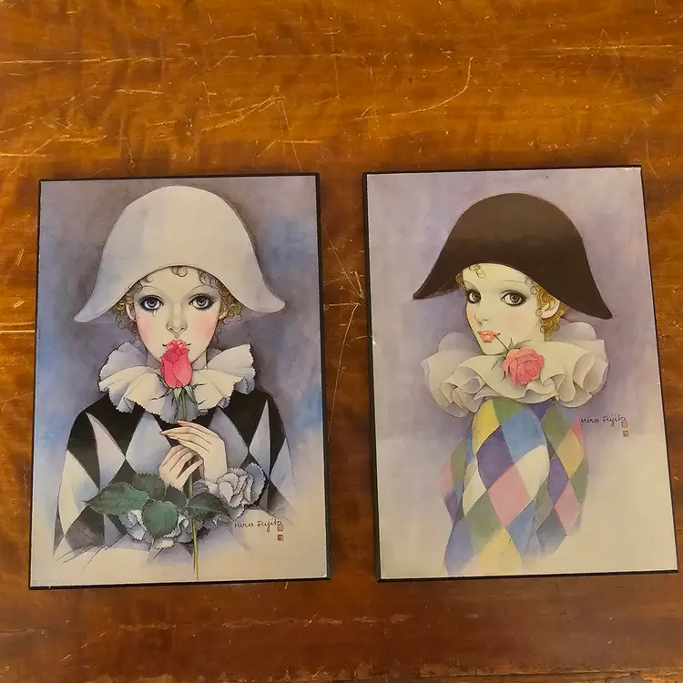 1980s Mira Fujita Pierrot Love Print Pair Sad Clown Rose Harlequin Wood Plaques