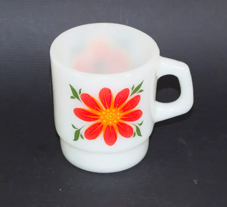 Vintage Fire King Milk Glass Mug Red Orange Flowers Anchor Hocking 8oz