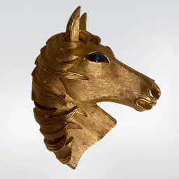 Vintage Crown Trifari Gold Horse Head Blue Rhinestones Eyes Figural Brooch