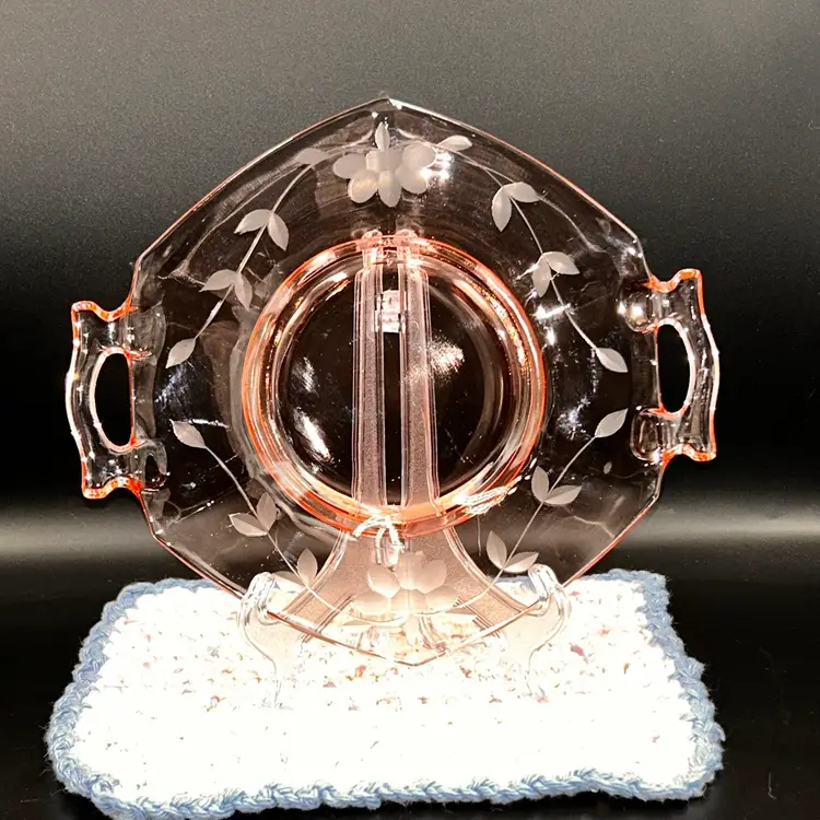 Vintage Pink Depression Glass Platter - Hexagon-Shaped Etched Pink Glass Plate With Handles