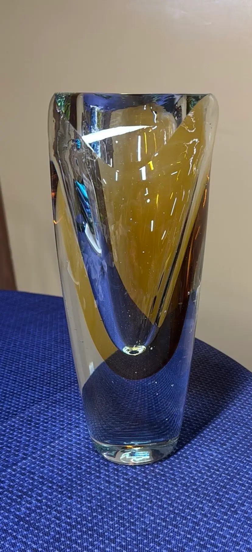MURANO GLASS VASE AMBER GOLD CLEAR ITALIAN GLASS VASE 10 1/4 IN TALL VINTAGE