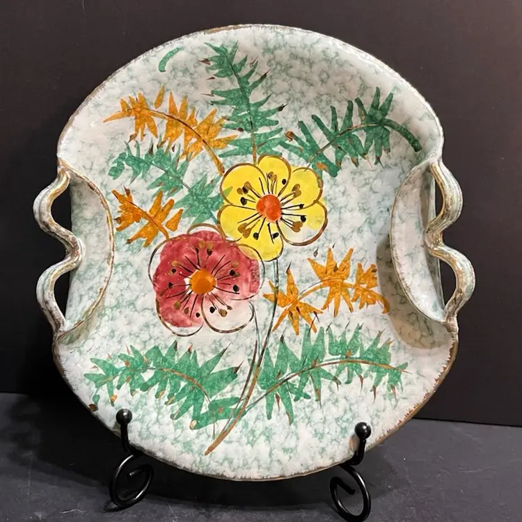 Hand Painted Floral Vintage Pottery Trinket Dish, Rolled Handles, Italy *as is* ~1.75” x 7.75” x 7.25”
