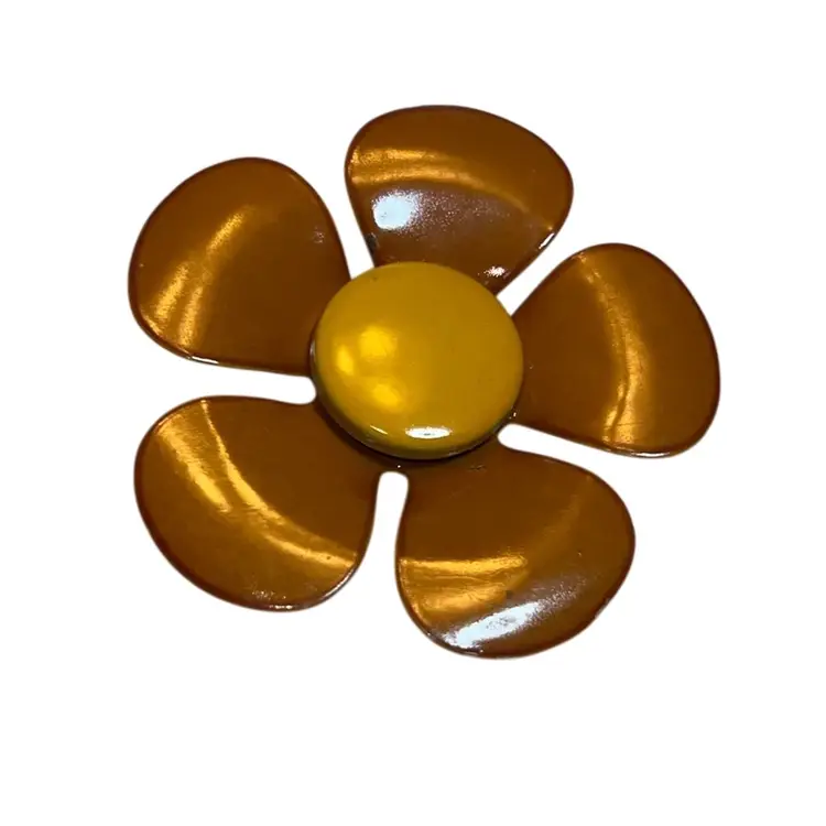 Vintage Large Enamel Flower Brooch Caramel & Yellow 2 3/4”