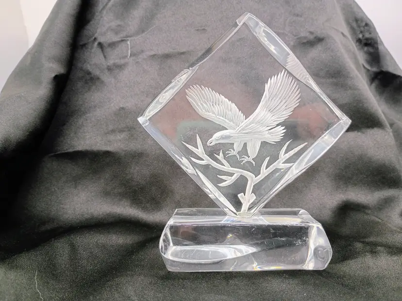 Reverse Carved Clear Lucite Acrylic Paperweight Bald Eagle in Flight