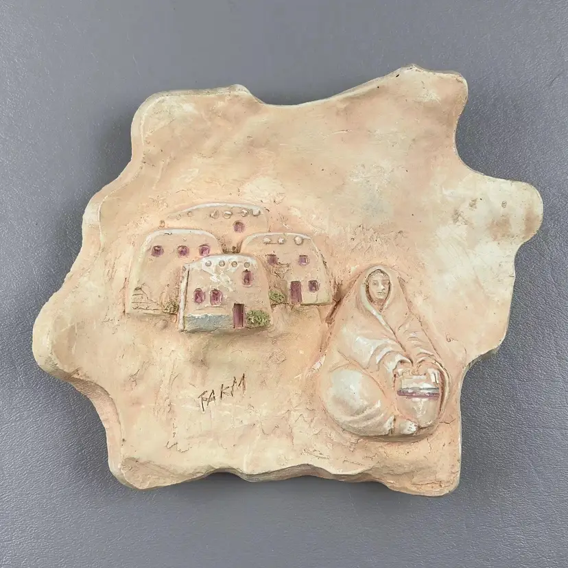 Vintage Handmade Plaster Pottery Maker Pueblo Signed FAKM or TAKM 6.5"X6" Wall Hanging Decor