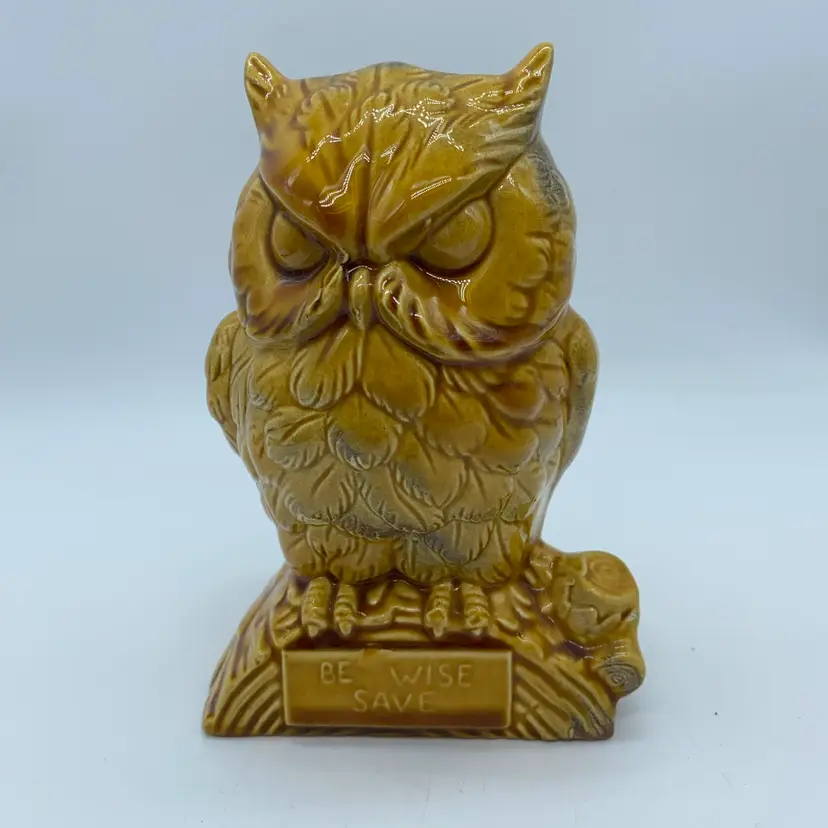 #1426 Vintage ceramic owl coin bank with "Be Wise Save" inscription.