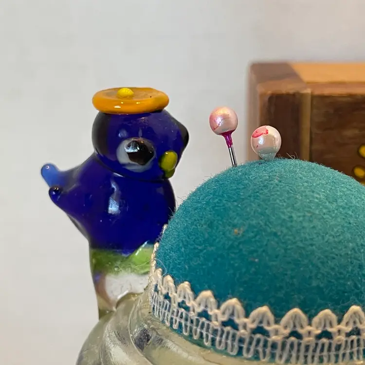 Glass Bird Trinket Pin Cushion And Wood Box