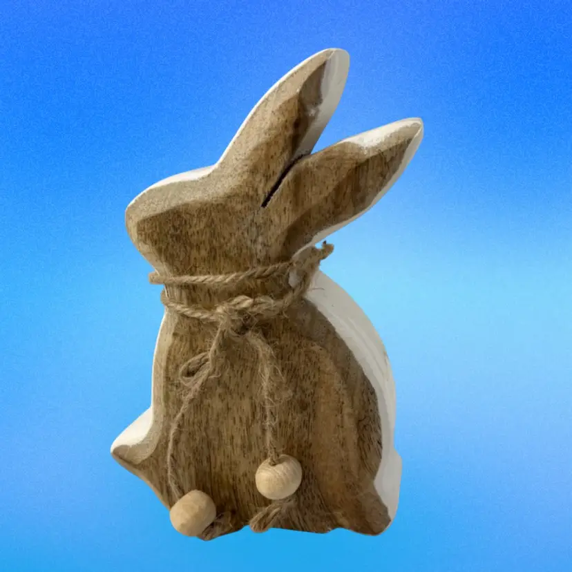 Wood Bunny Rabbit Figurine Made in India-White Glazed Edge 5.5β T