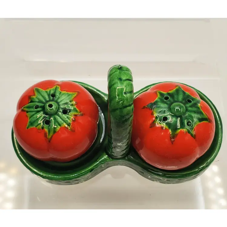 Vintage Tomato Ceramic Salt and Pepper Shakers with Basket Holder