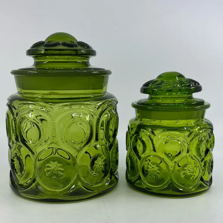 LE Smith Moon & Stars Avocado Green Canister Pair 7H 4.5Dia 5H 3.5Dia
