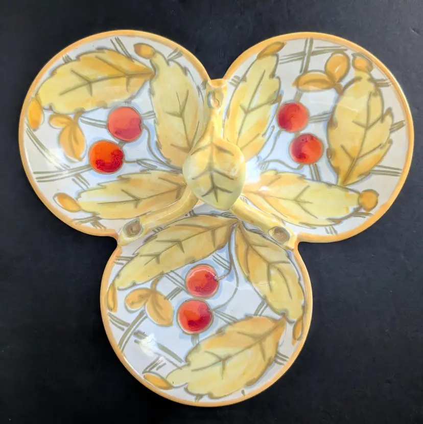 Vtg Mid Century Italian 3 Section Serving Dish with Leaf Handle Yellow White Orange