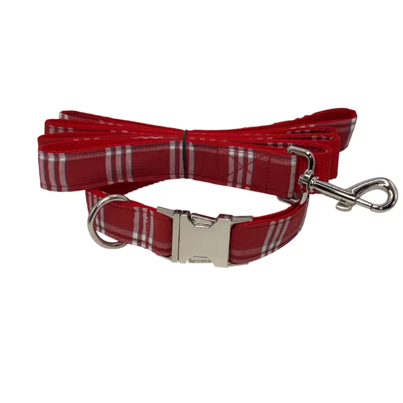 Dog Collar & Leash Plaid Red & White Large Handmade Heavy Duty Metal Buckle New