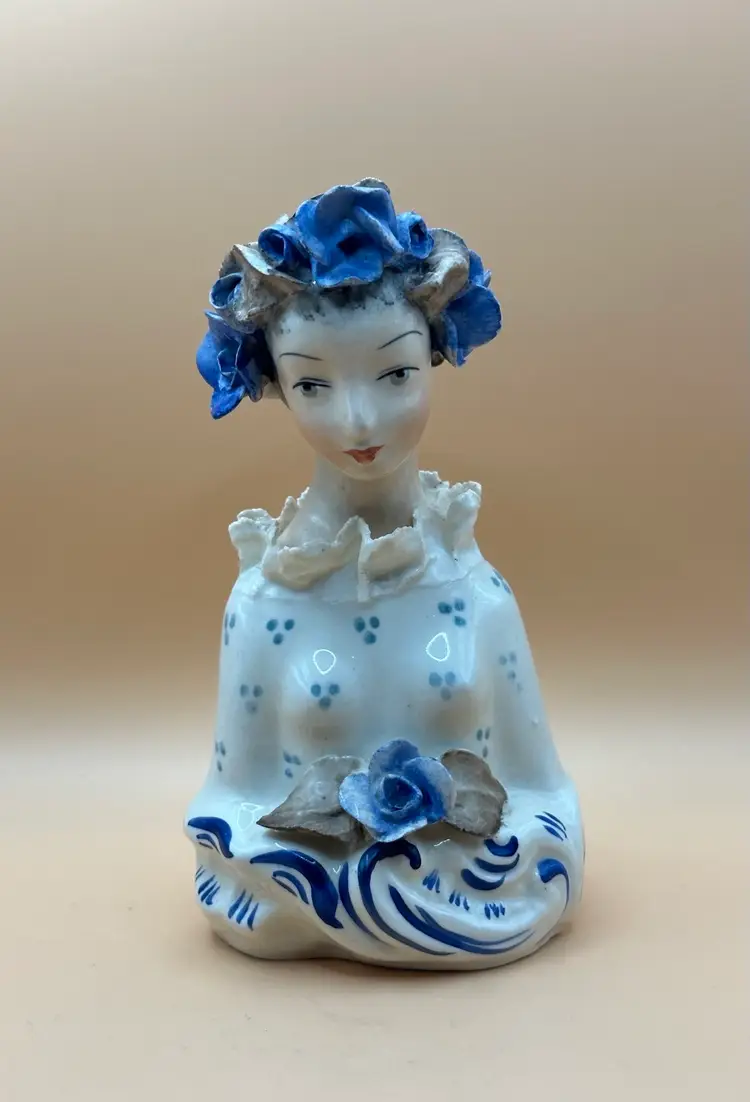 Cordey Figurine Lady Blue Flowers Bust Porcelain #5003  5.5" 1940's Floral Vtg