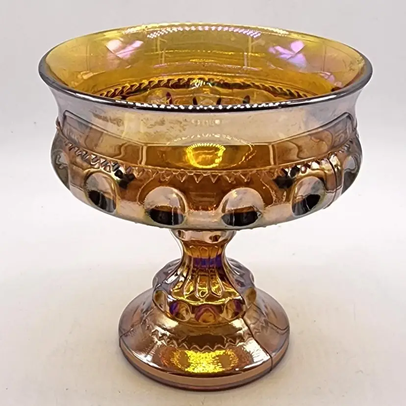 Vintage Amber Irridescent Carnival Glass King's Crown Pedestal Compote Bowl NWOT