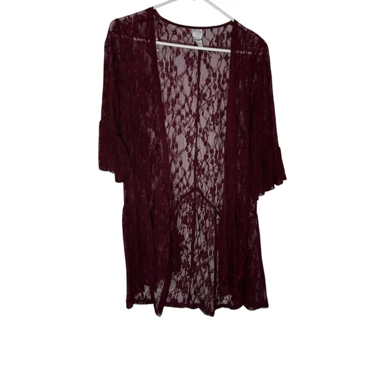 Boho Lace Kimono Cardigan Floral Sheer Duster Open Front Burgundy Sz S/M Y2K