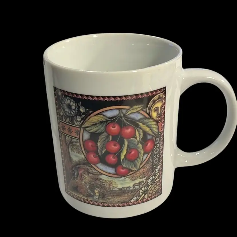Vtg. Coffee Mug Ceramic w/ Country Style Graphic and Cherry Branch Porcelain | 3.75”