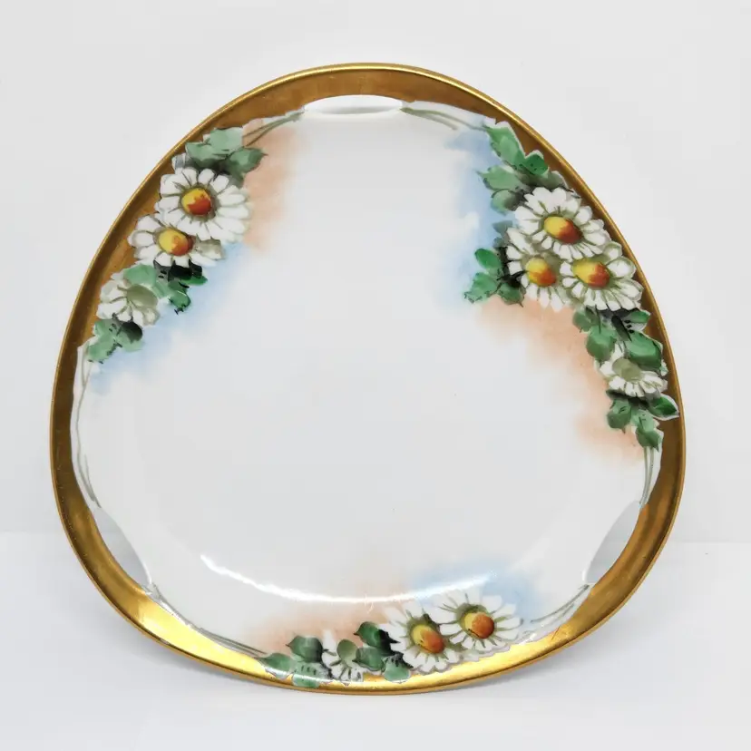 Vintage Porcelain Daisy Trinket Bowl, 3 Handles, Gold Trim, Japan