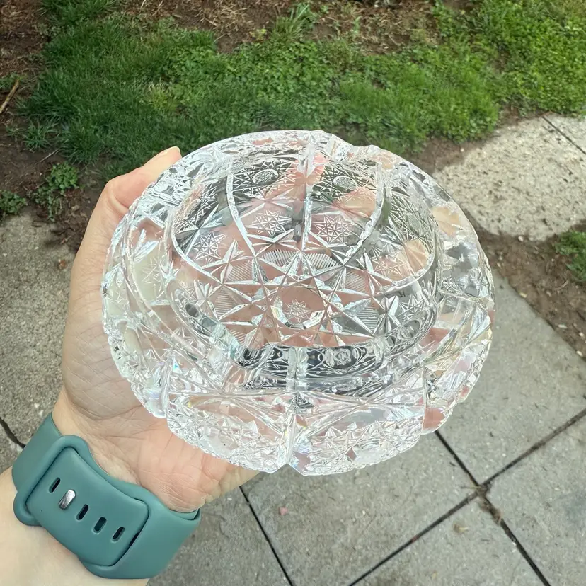 Vintage Czech Bohemian Crystal Heavy Ashtray Trinket Dish Catchall 4.5”
