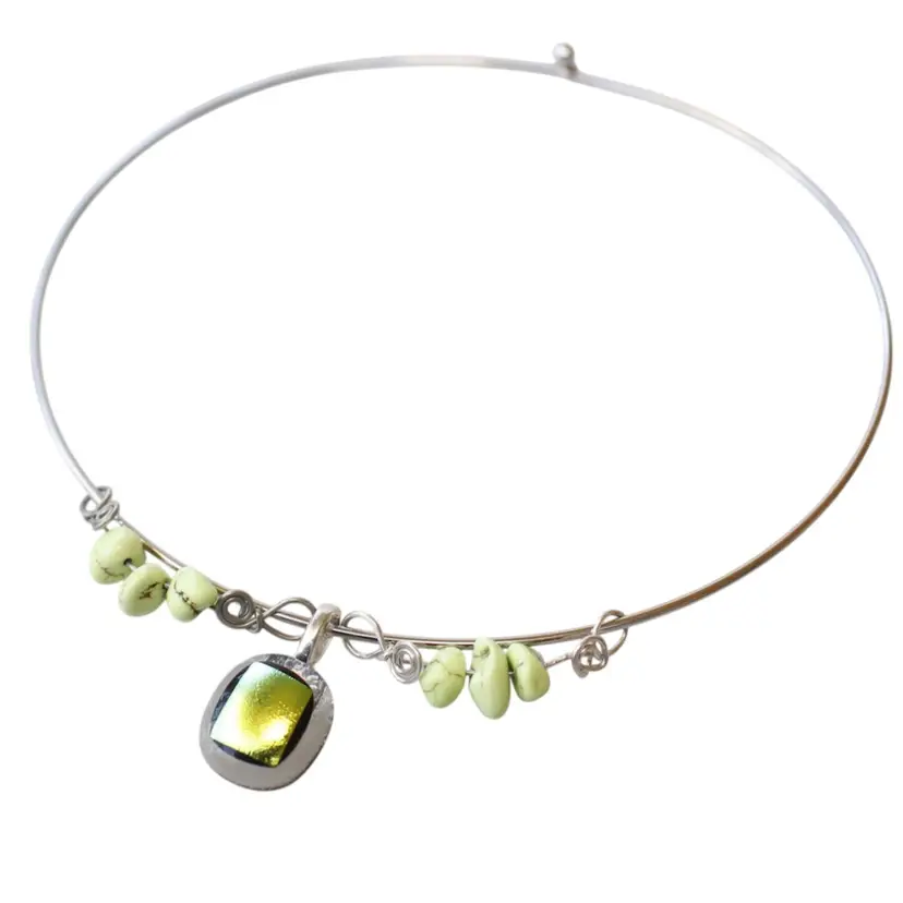 Handmade Jewelry Green to Yellow Dichroic Art Glass Pendant on Silver Tone Wire Choker Necklace, Green Stones