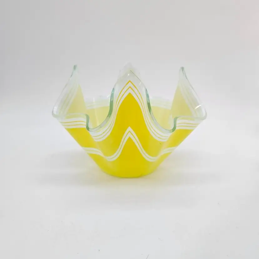 Vintage Chance Brothers Glass Handkerchief Vase Bandel-2 Yellow And White Striped