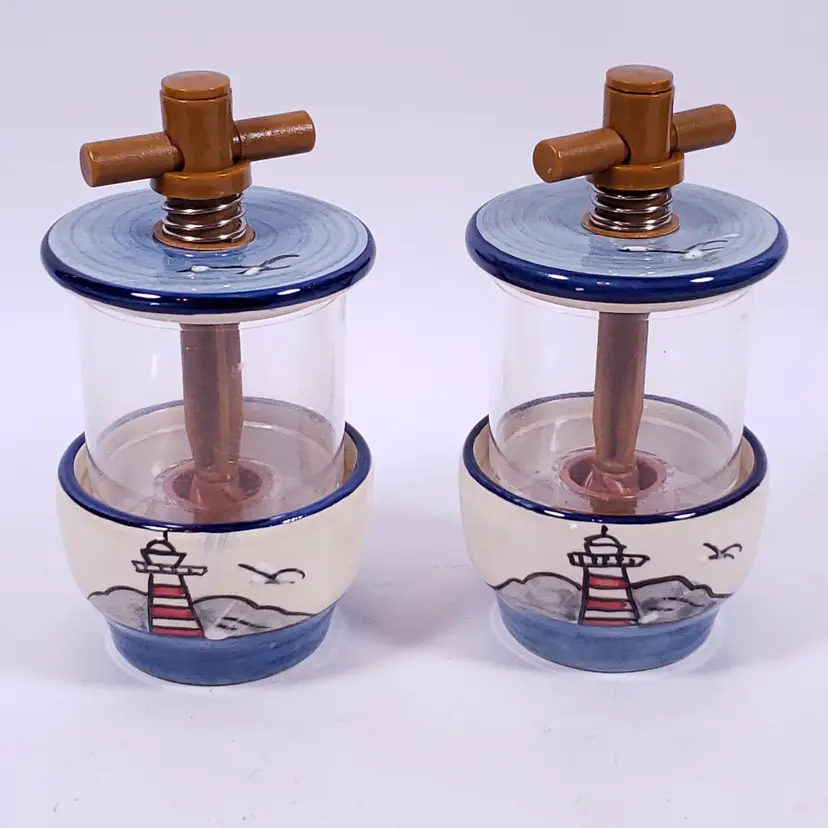 Vintage NAUTICAL LIGHTHOUSE Hand Painted Ceramic Herb Salt Pepper MILL GRINDER