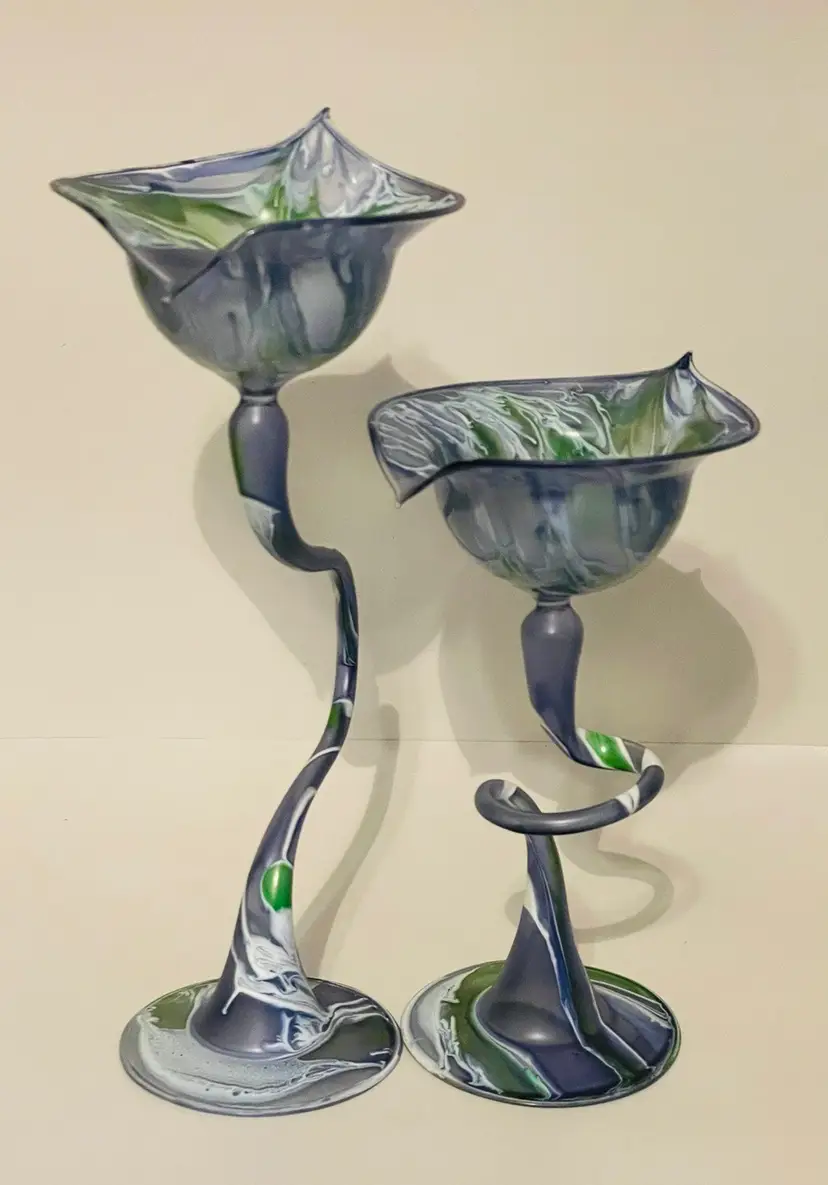 Penco Flame Glow Hand Blown Glass Long Stem Candle Holders Purple Green