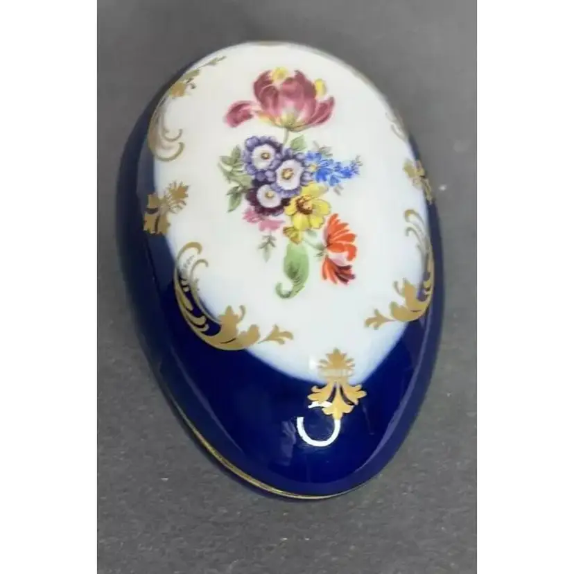 Vintage Porcelain Cobalt Blue Hand Painted Floral Oval Egg Shape Trinket Box
