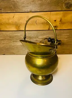 Vintage Small Brass Coal Scuttle Ash Bucket with Wood Handle Rustic Country Cottage Farmhouse