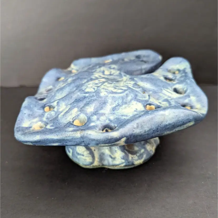 Vintage Zaneware Pottery Blue Lily Pad Flower Arranging Frog Matte Glaze
