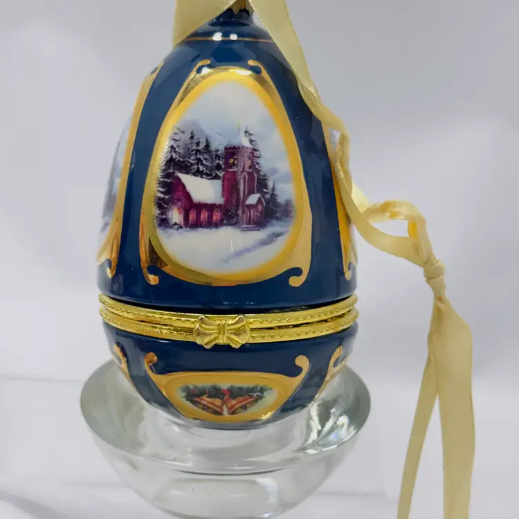 #1737 Blue Porcelain Christmas Tree Ornament Music Trinket Box "Church Scene" Valerie Parr-Hill