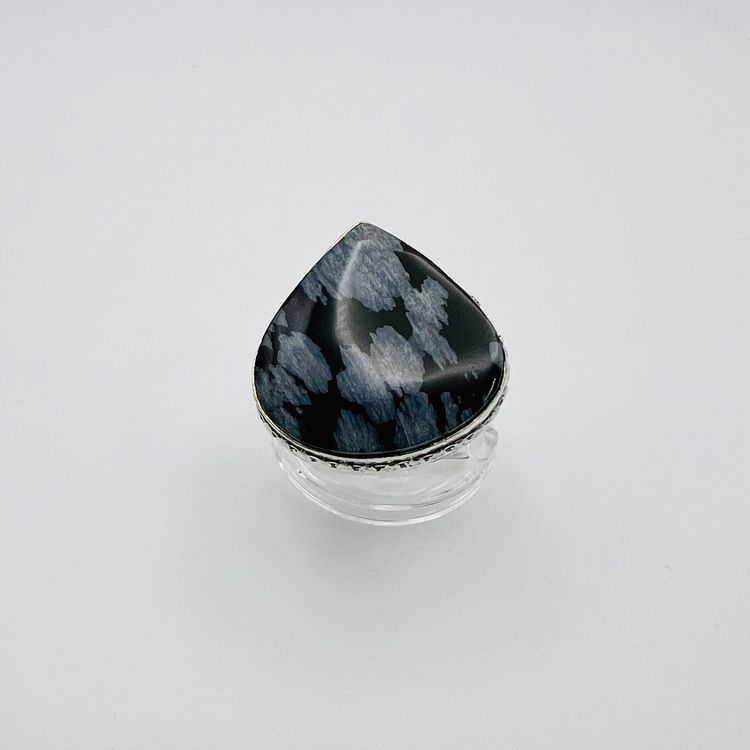 Handcrafted Snowflake Obsidian Ring (size 7.5) in Sterling Silver Finish