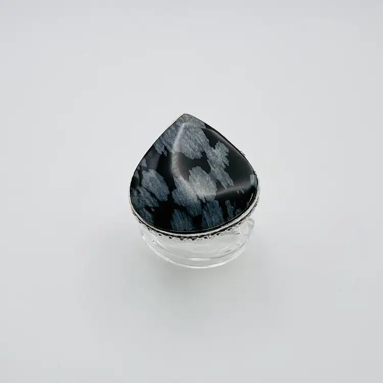 Handcrafted Snowflake Obsidian Ring (size 7.5) in Sterling Silver Finish
