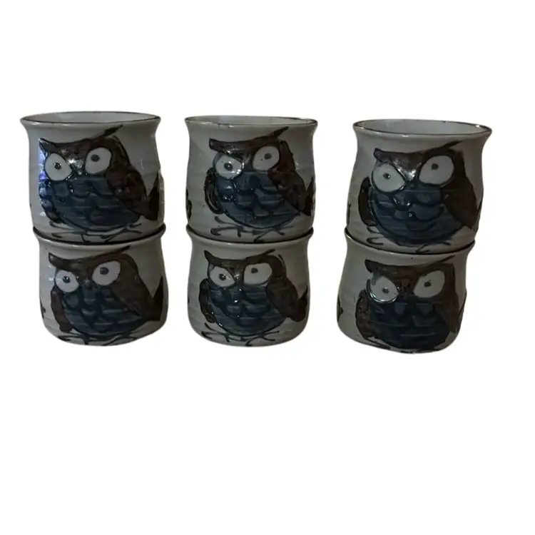 Set of Six Hand-Painted Owl Cups