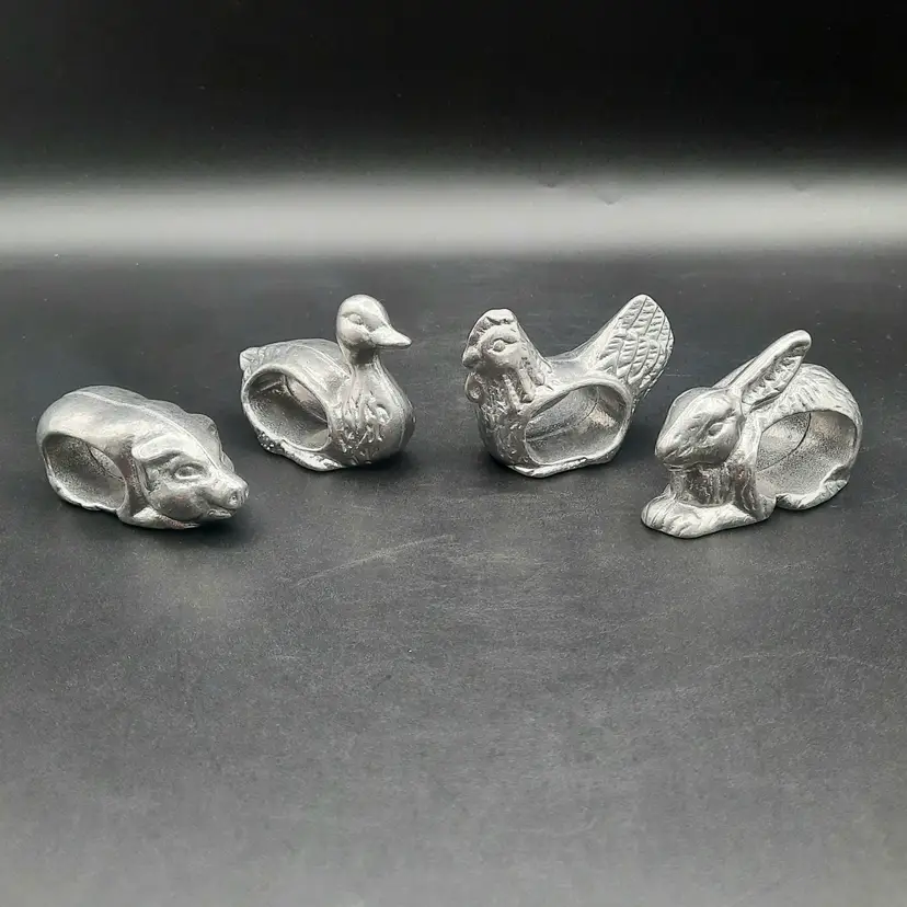 Aluminum Barnyard Animal Napkin Rings Pig Duck Chicken Bunny Set of 4