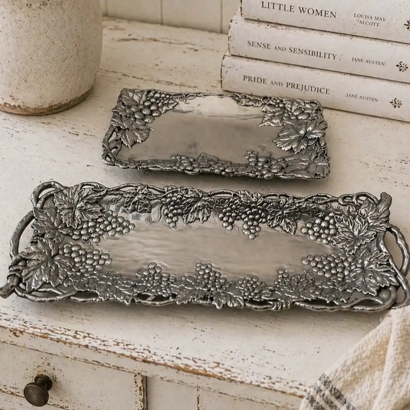 TWO Metal Arthur Court Vintage Grape Vine Rectangle Trays - 19” & 12” - 1995/96