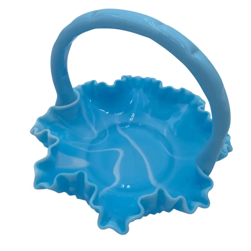 Vintage Fenton Hobnail Blue Marble Basket, Crimped Edge, #3736, MINT