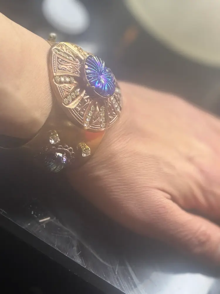 Antique Art Deco Starburst Stone Wide Cuff Brass Bracelet