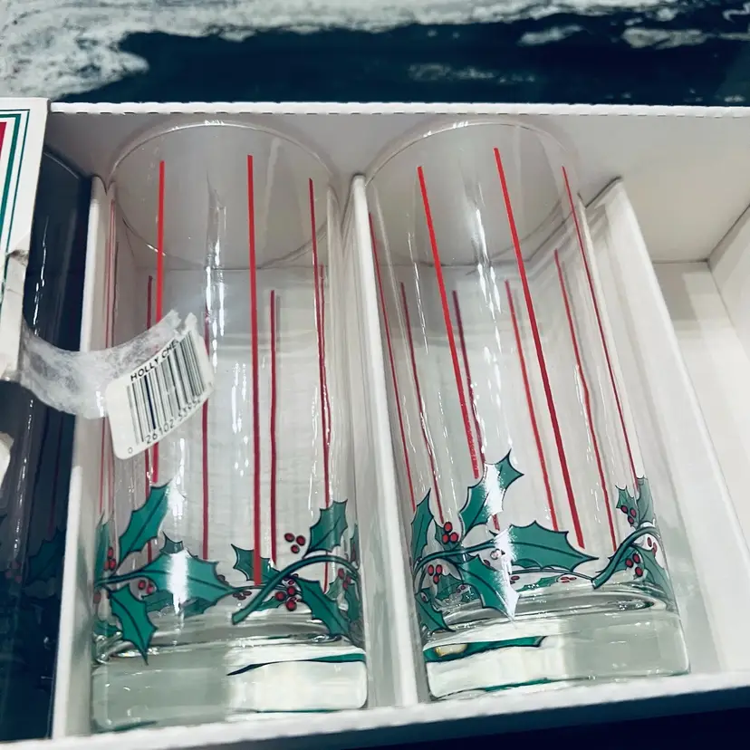 Vintage Set 4 Luminarc By J.G Durand Glass Christmas Drinking Tumbler glasses Holiday Striped Holly