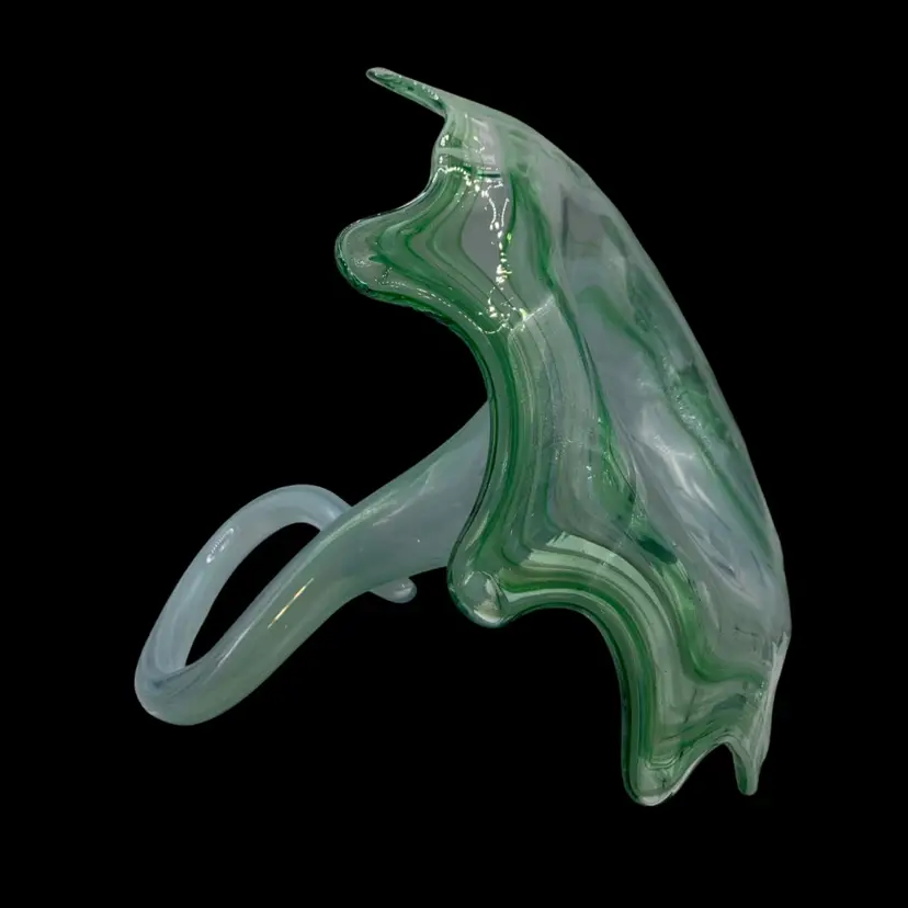Green Swirls Glass Flower Shaped Vase! 8 1/2” Tall 8” Long!