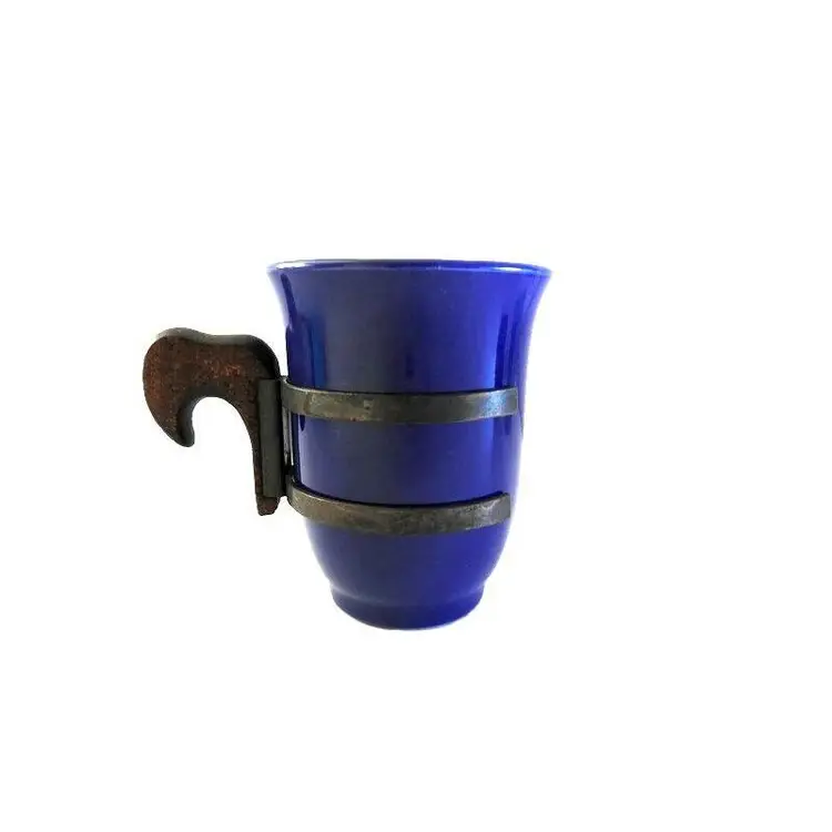 Vintage Cobalt Blue Artisan Ceramic Small Mug Cup with Removable Iron and Wood Handle
